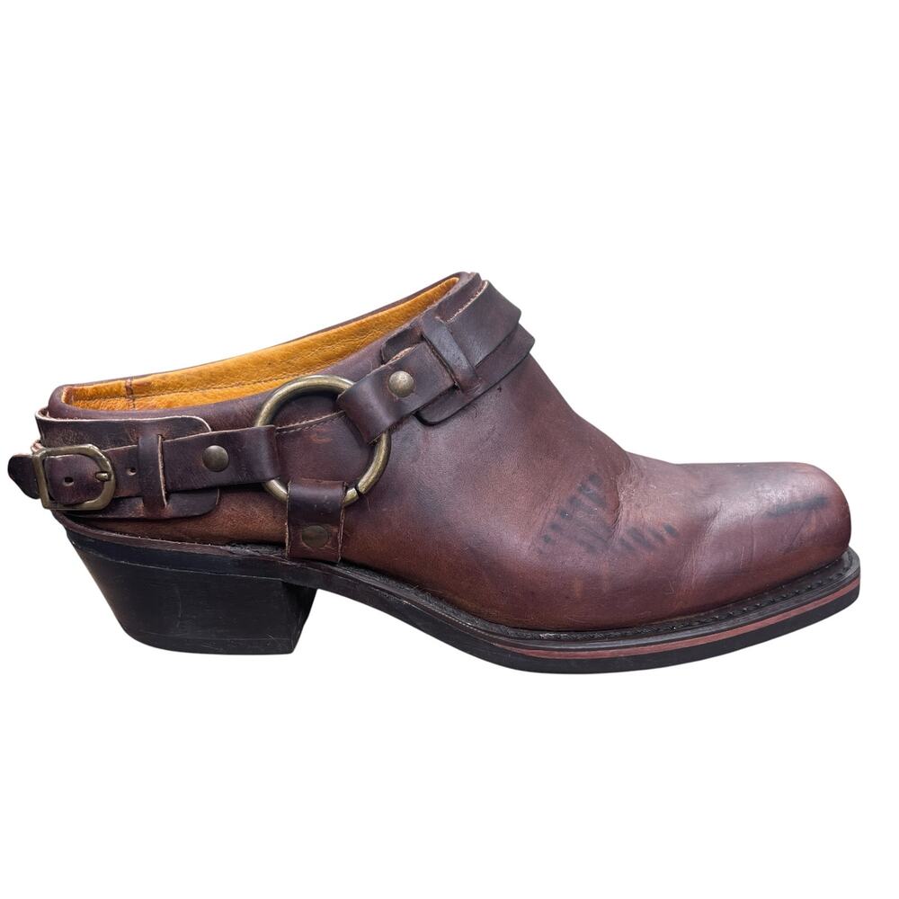 FRYE Women’s Brown Leather Belted Biker Harness Mule Booties Size US 10